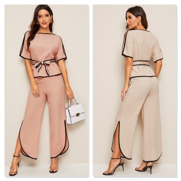 Rouge! Pants - Contrast Trim 2 Piece Belted Pants Suit